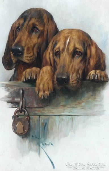 A. Wardle Postásra várva 19. sz olajfestmény reprint nyomata, két angol véreb portré kutyás kép