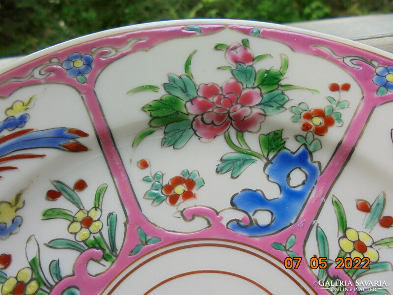 Antique hand-painted embossed colorful enamel bird of paradise and flower pattern, marked Japanese decorative plate