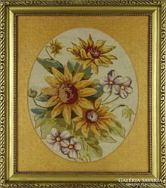 1I816 Antik keretezett virágos tűgobelin 40 x 35 cm