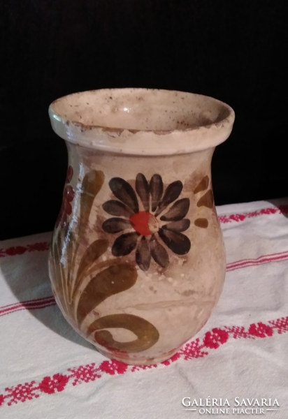 Gyűjtőnek ! Antik Kb. 120 -150 éves fényes mázas kerámia kancsó, kiöntő virágos dekorral