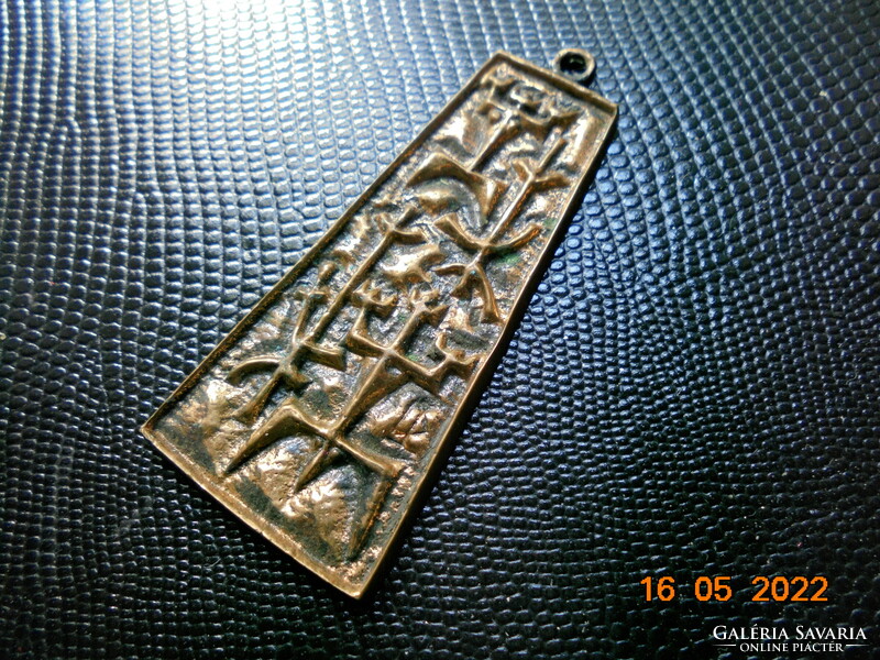 Unique niello gold plated large bronze pendant with stylized woman and man pattern made by artist