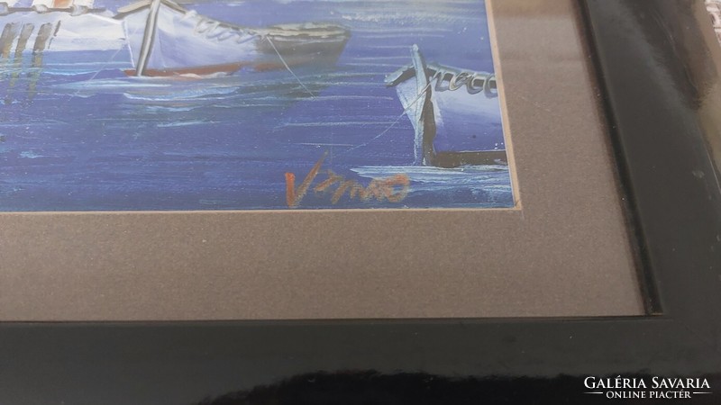 (K) Szép mediterrán festmény 37x32 cm kerettel szignózott