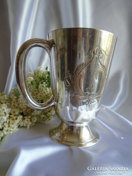 Antique English silver-plated engraved glass, baptismal glass.