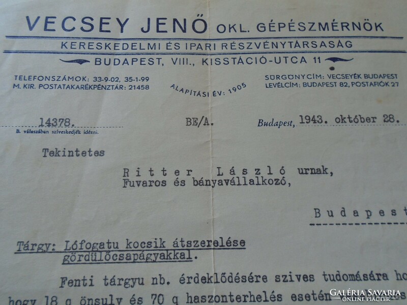 Ka339.6 Vecsey jenő okl mechanical engineer rt. 1943 Ritter is a haulage and mining contractor