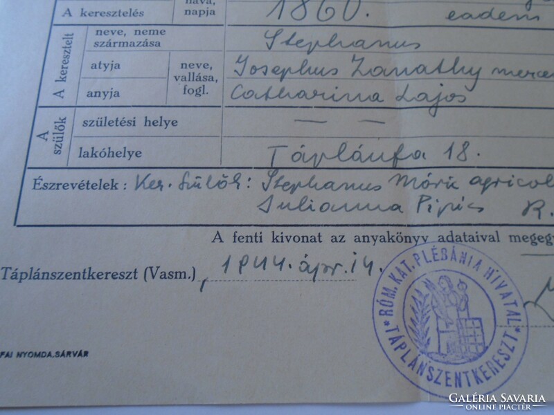 Ka339.2 Táplánszentkereszt (Szombathely) joephus zanathy mercenarius 1944