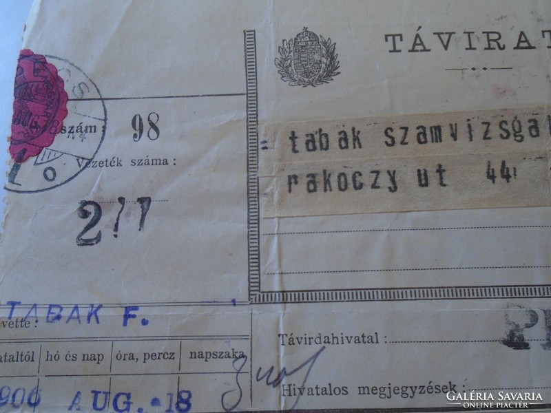 Ka337.11 Telegram moussong tobacco audit Pécs 1906 arad