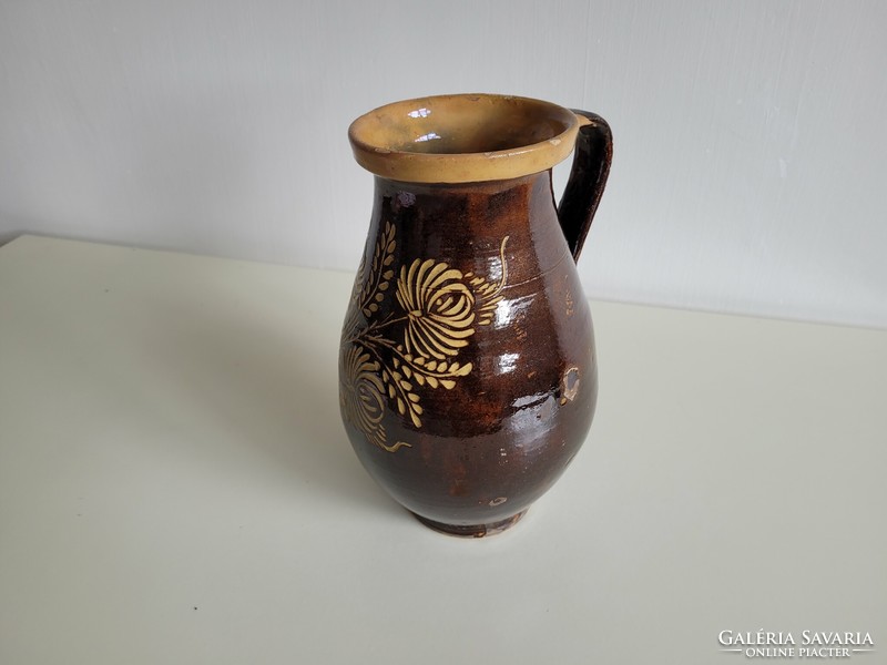 Old vintage flower pattern glazed folk earthenware pot jar pot 27.5 cm