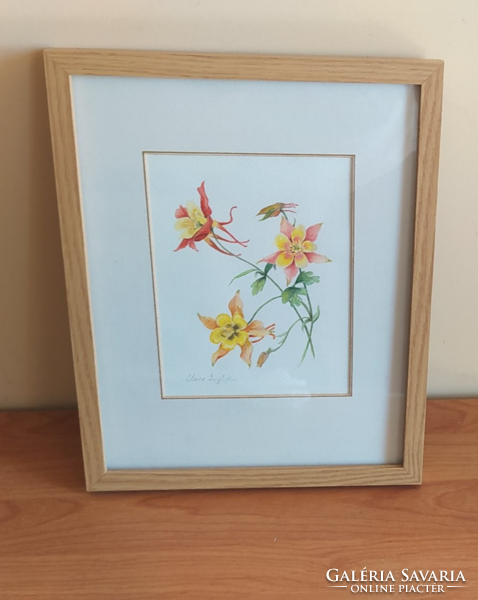 (K) Szép akva virág festmény Claire szignóval  30x38 cm kerettel