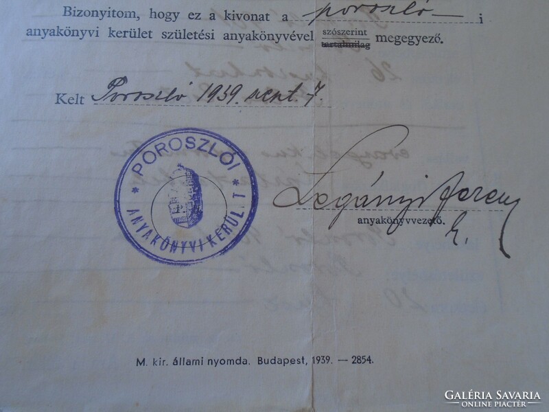 KA339.10  POROSZLÓ  Születési anyakönyvi kivonat 1939  Katona ügyben bélyegmentes