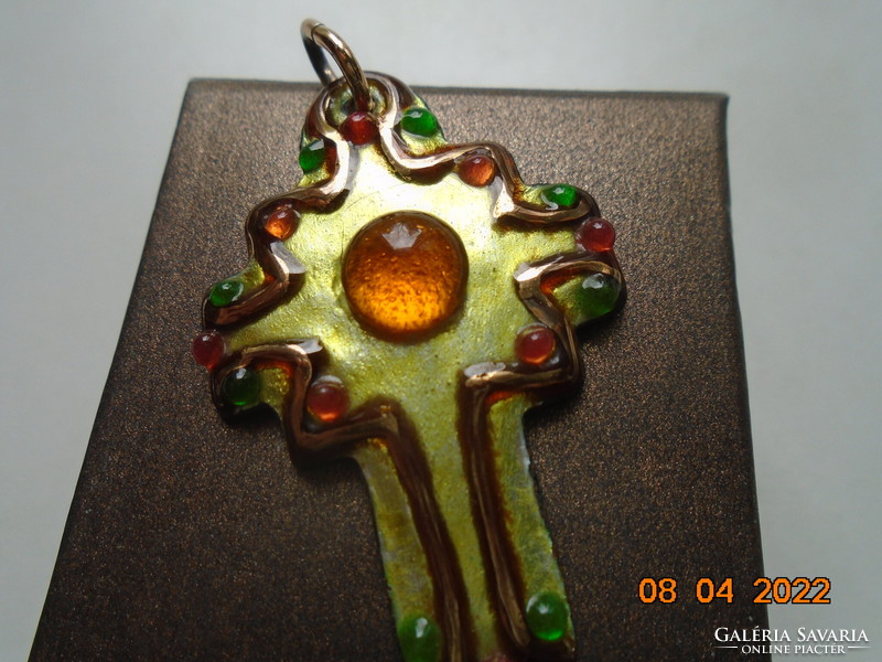 Compartment enamel marked cross pendant with gold-colored green enamel and colored beads