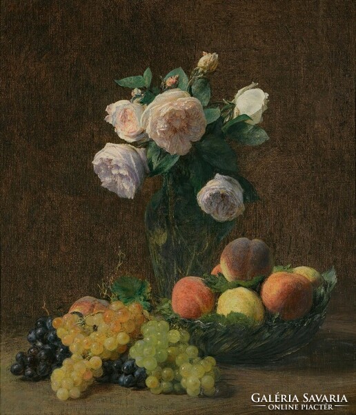 Latour - Csendélet virággal, szőlővel, barackkal - vászon reprint vakrámán