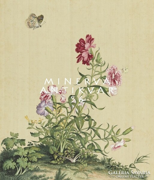 18. századi kínai selyem festmény reprint nyomata, virágzó szegfű fajták pillangó