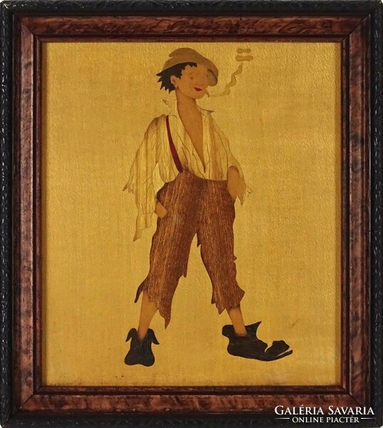 1I952 old smoking boy inlaid picture in old frame 21.5 X 19.5 Cm