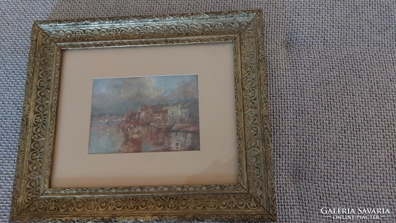 (K) beautiful quality watercolor painting harbor 40x34 cm with frame