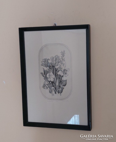 (k) Szabó László virágcsokor rézkarc 37x52 cm kerettel