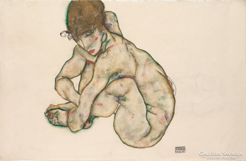 Egon Schiele - Guggoló meztelen lány  - vászon reprint vakrámán