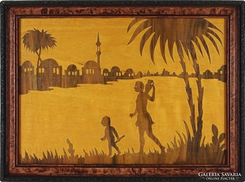1I954 old orientalist marquetry picture in old frame oasis east 21.5 X 29 cm