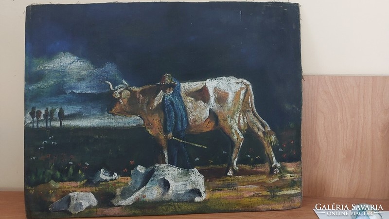 (K) Szignózott antik festmény 43x34 cm, vászonra festve kartonon
