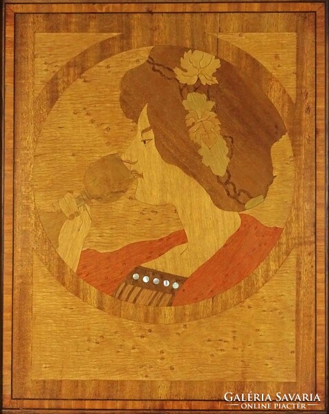 1I950 old marquetry female portrait in blond frame 38.5 X 31.5 Cm