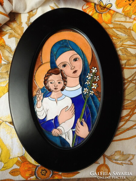 Stekly zsuzsa - madonna with lily - fire enamel picture in oval wooden frame