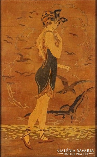 1I959 Régi gyönyörű szecessziós női alakos intarziakép keretben 30 x 20 cm