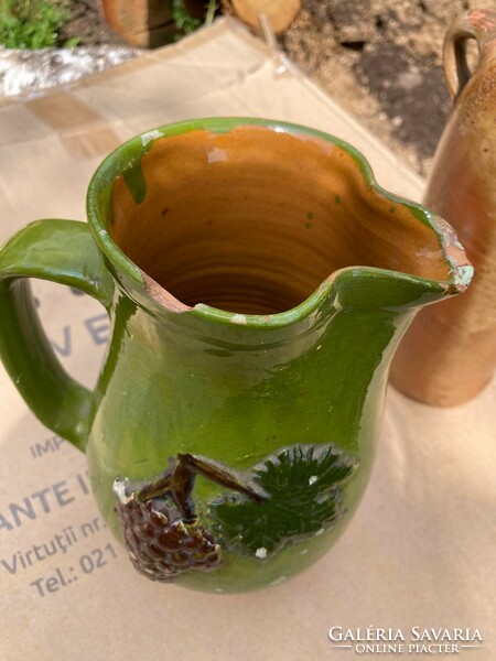 Folk ceramics with green jug + brandy bottle