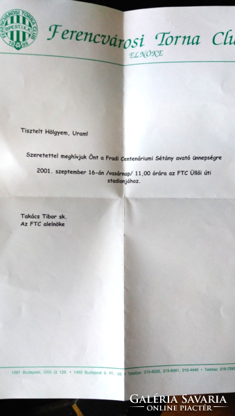 Meghívó a Fradi Centenáriumi Sétány avató ünnepségére 2001.szeptember 16.eredeti  borítékban