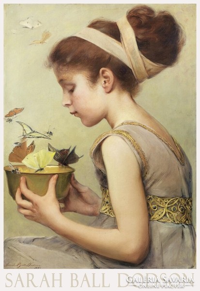 Sarah Dodson Pillangók 1891 olajfestmény művészeti plakátja kislány reneszánsz ruhás portré lepkék