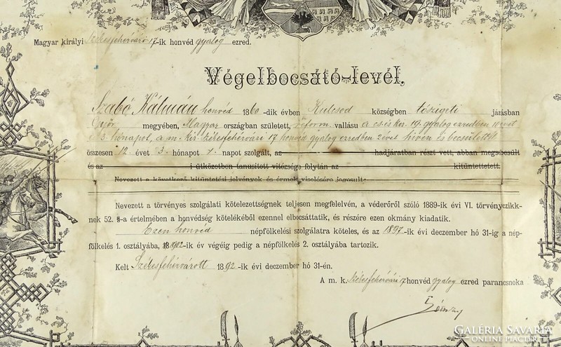 1J020 Magyar királyi honvéd gyalog ezred végelbocsátó-levél Székesfehérvár 1892