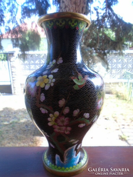 Régi kínai rekeszzománc váza - tűzzománc váza madár  és virág motívumokkal hibátlan nagyobb méretű