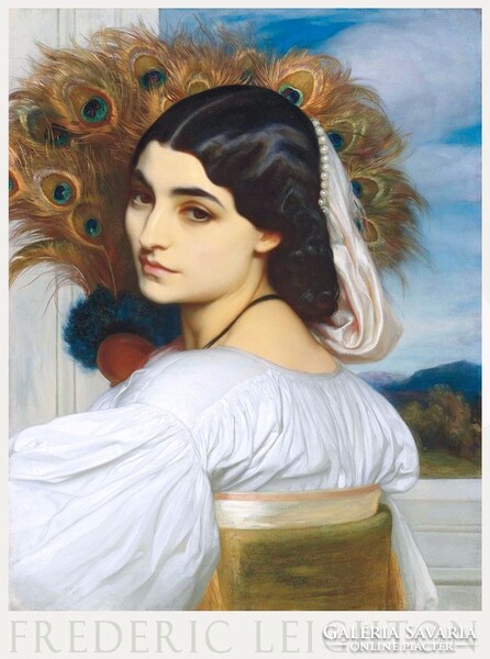 Frederic Leighton Páva 1895 preraffaelita festmény művészeti plakátja, női portré spanyol lány toll