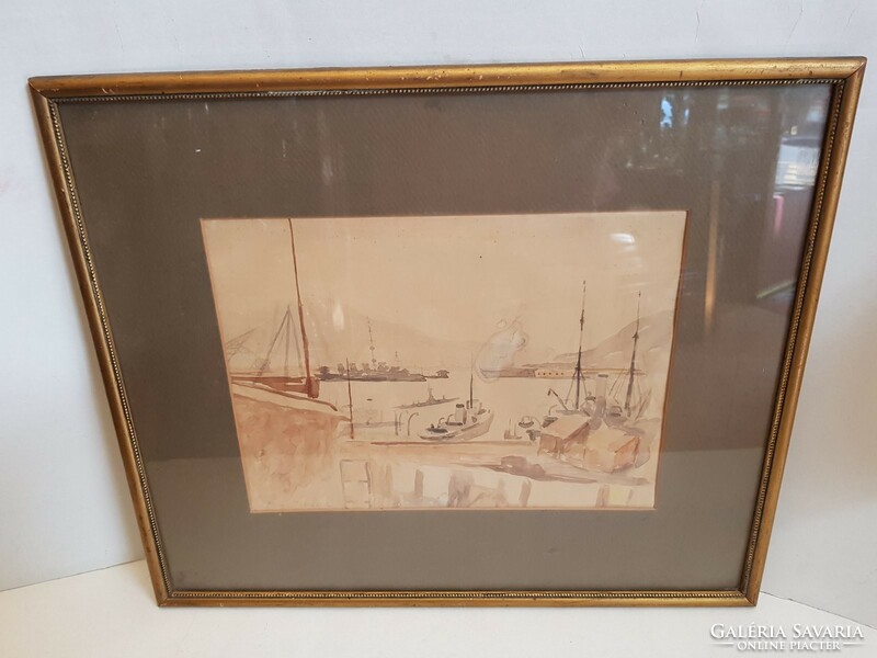 A. de Timon jelzéssel tengeri kikötő hajókkal háttérben egy hadihajó festmény