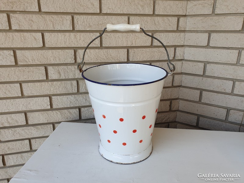 Old vintage enamel enameled red polka dot bucket decoration