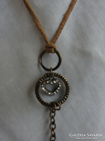 Double heart pendant necklace with blue hanging stones on leather strap