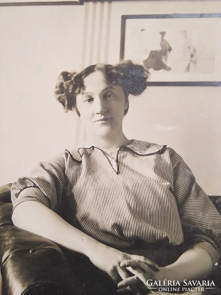 Antik magyar fotólap, hölgy érdekes frizurával Dunky Fivérek Kolozsvár 1910-es évek