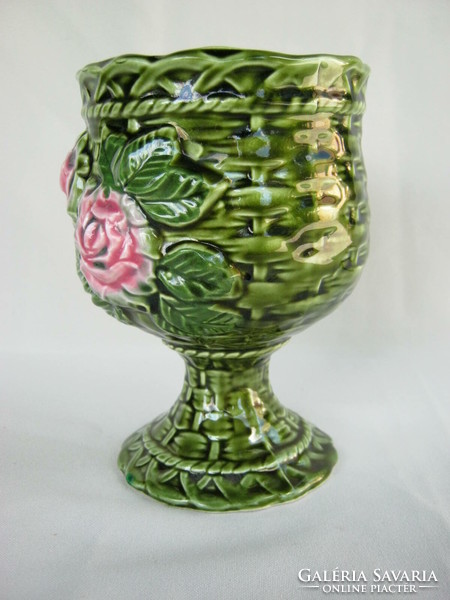 Green ceramic cup vase with rose decoration