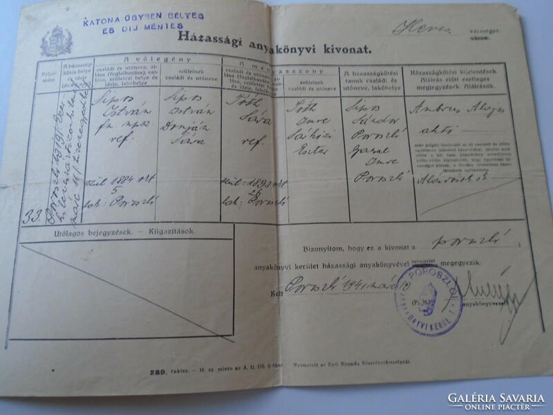 AD00007.11 POROSZLÓ  Házassági anyakönyvi kivonat 1941   Sipos Tóth  Katonai ügyben bélyeg mentes