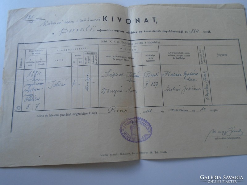 AD00007.9  POROSZLÓ  Születési anyakönyvi kivonat 1941 Sipos Domján