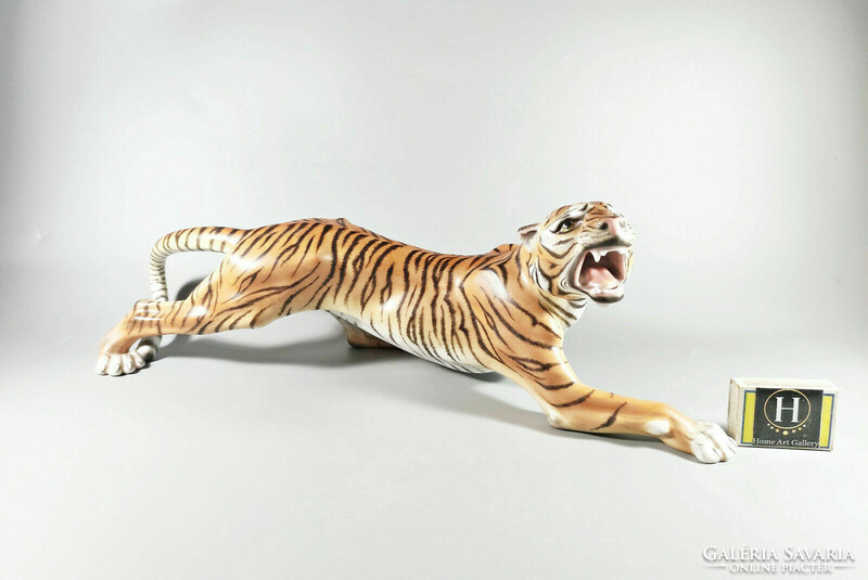 HERENDI, VADÁSZÓ TIGRIS 44 CM KÉZZEL FESTETT PORCELÁN FIGURA MCD, HIBÁTLA! (J042)