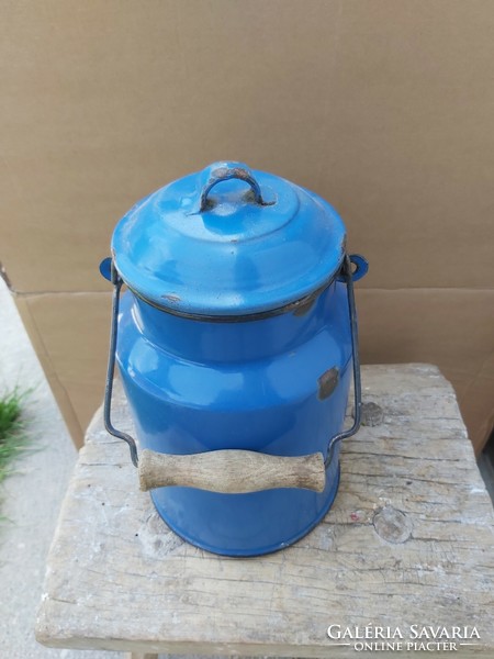 Rare blue enamel, enameled milk jug pitcher nostalgia peasant piece village