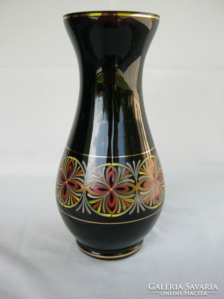 Retro ... sötét lilás árnyalatú színes mintával festett üveg váza nagy méret 25 cm