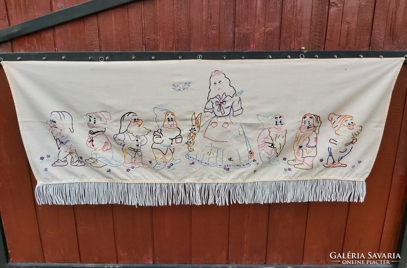 Hímzett Hófehérke és a 7 törpe falvédő  falikárpit, Nosztalgia darab,Paraszti dekoráció
