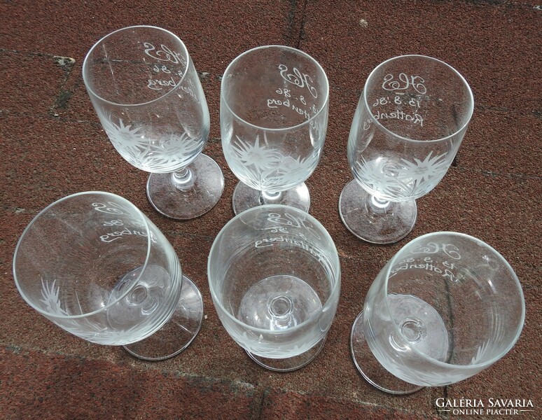 Set of old, hand-polished snowflake patterned monogrammed and vintage wine glasses