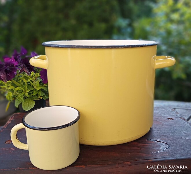 Yellow enamel pan and mug