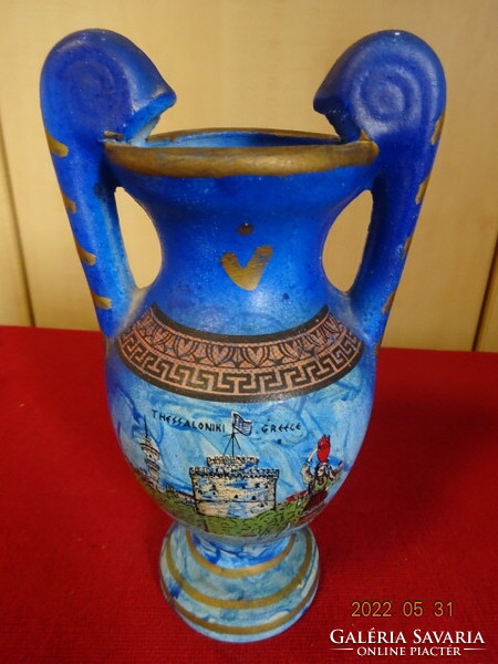 Greek terracotta vase with Thessaloniki inscription and white tower. He has! Jókai.