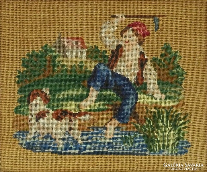 1J078 boy with dog old needle tapestry 29 x 32 cm