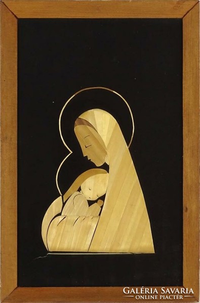 1J073 Mária gyermekével keretezett szalmakép kézimunka 29 x 19 cm