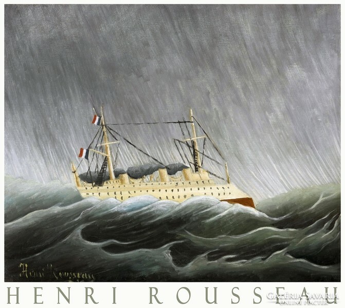 Henri Rousseau Hajó a viharban 1899 naiv festmény művészeti plakátja, tenger hullámok eső gőzhajó