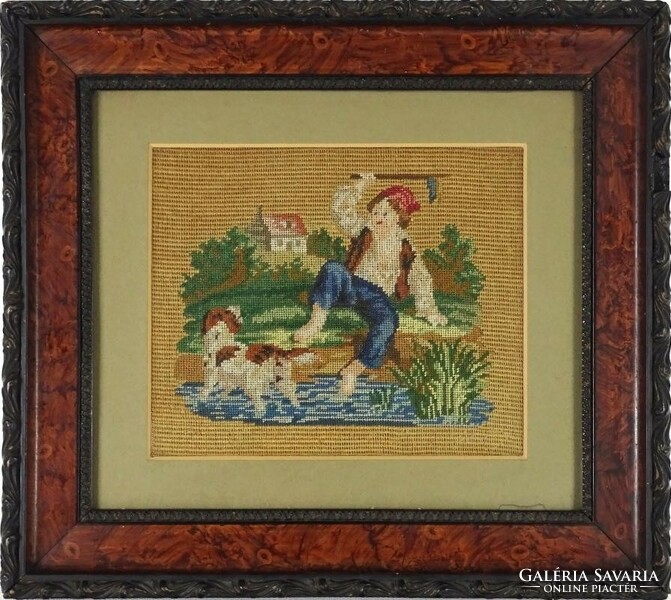 1J078 boy with dog old needle tapestry 29 x 32 cm