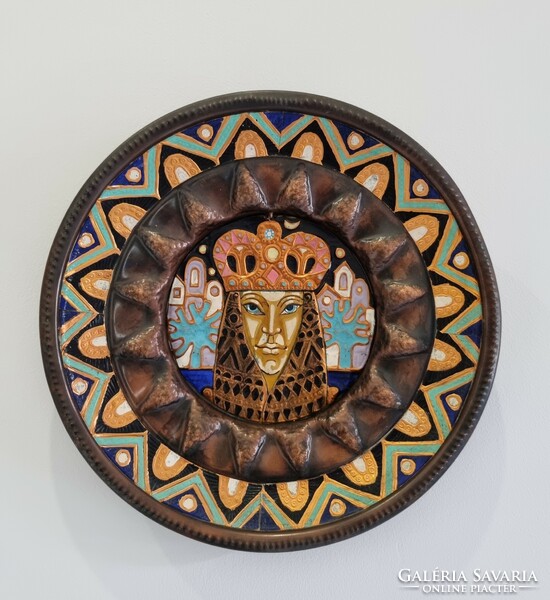 Applied art embossed, painted bronze plate wall bowl / wall ornament-32 cm
